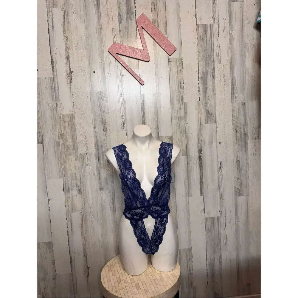 Avidlove Blue Lace Teddy Bodysuit Sheer Deep V Lingerie Open Back Size M